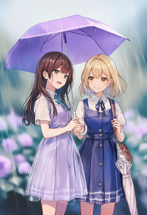 紫の傘のAIイラスト（梅雨シーズン）｜プロンプト紹介用