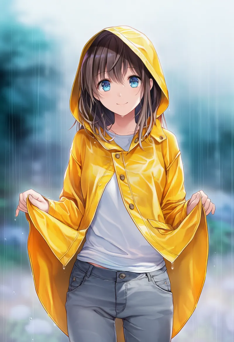 レインコートをたくし上げる仕草のAIイラスト（梅雨シーズン）｜プロンプト紹介用
