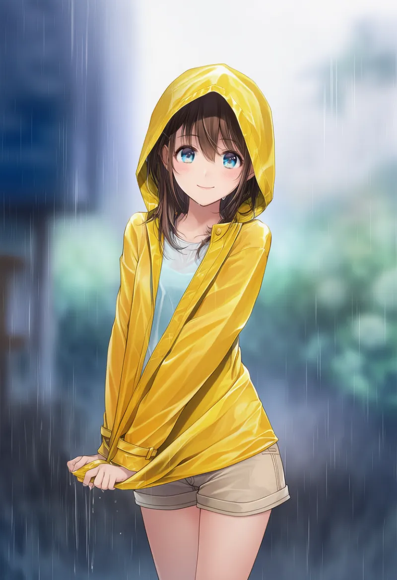 レインコートを引く仕草のAIイラスト（梅雨シーズン）｜プロンプト紹介用