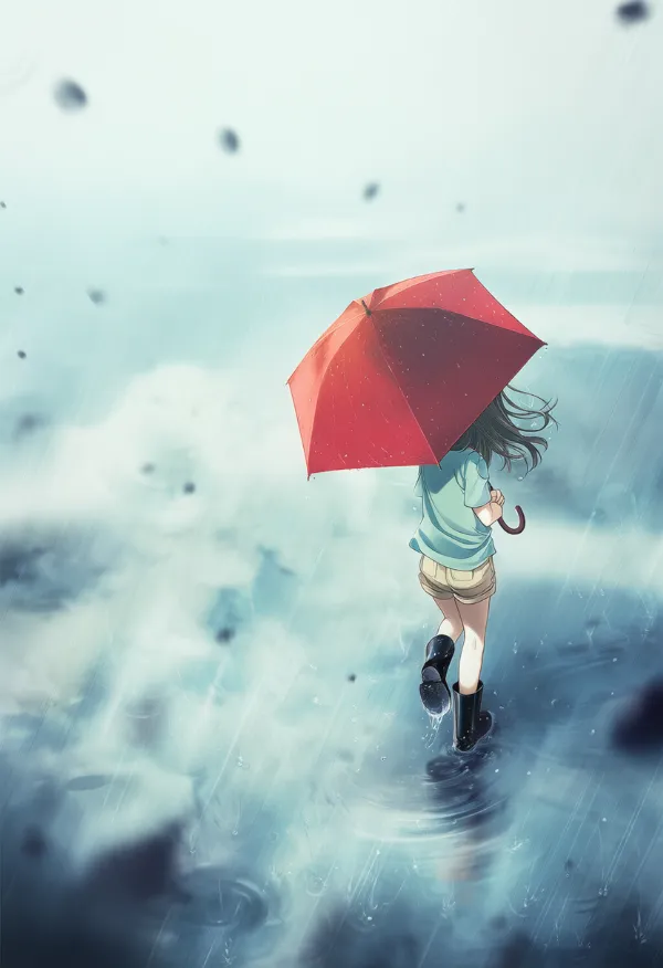 赤い傘の色を差し色にしたAIイラスト（梅雨のアートイラスト）