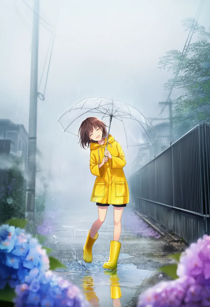 梅雨シーズンに黄色いレインコートと透明傘を差して笑顔で歩く美少女のAIイラスト