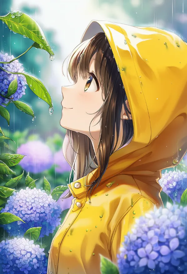 紫陽花とレインコートで鮮やかな配色の梅雨シーズンを表現したAIイラスト