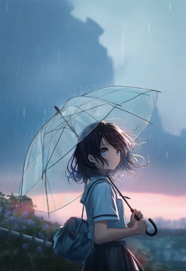 透明にビニール傘で背景をしっかり写した梅雨のAIイラスト