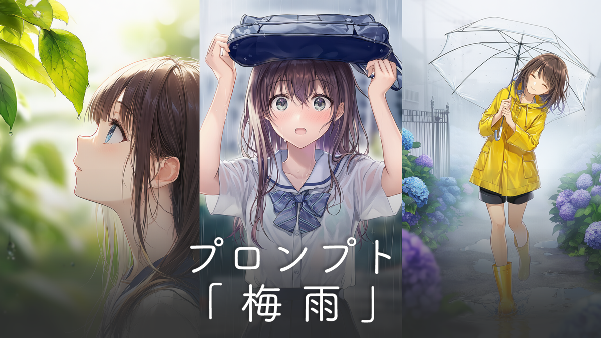 梅雨の情景のプロンプト集（傘・レインコート・雨宿り等）