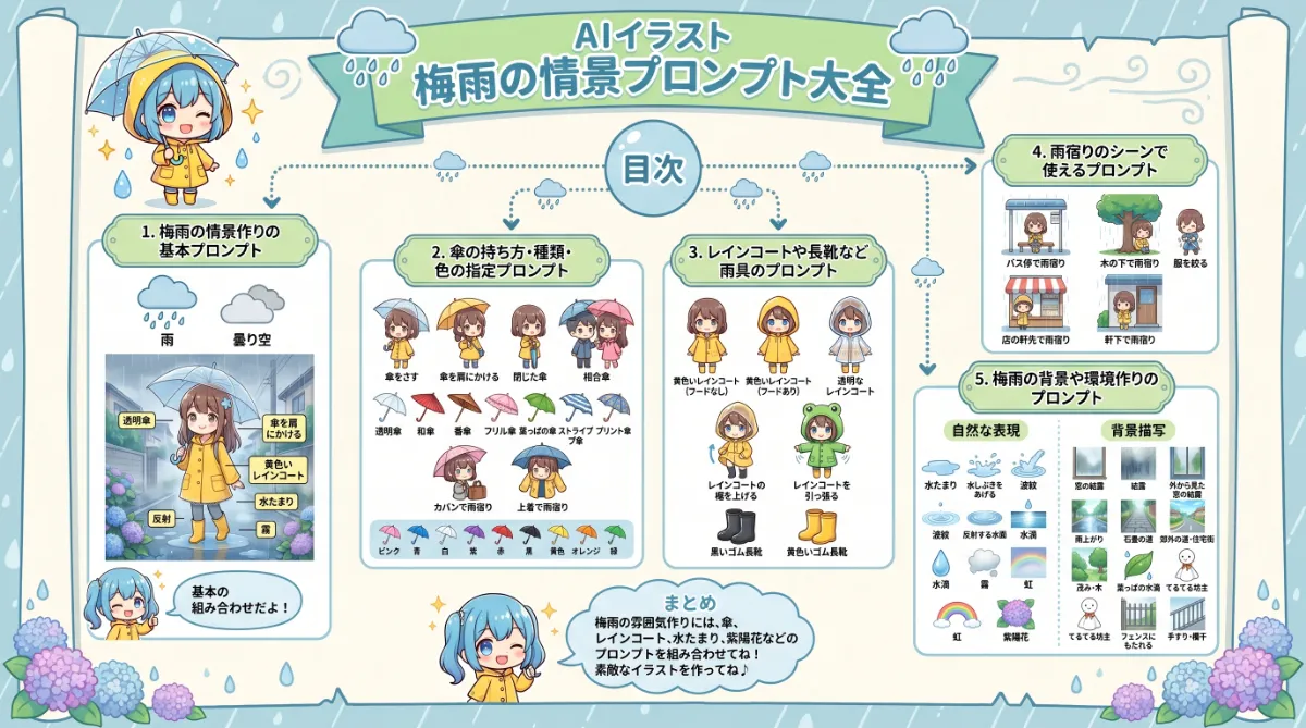 梅雨の情景のプロンプト集（傘・レインコート・雨宿り等）のまとめ用の図解イラスト（グラレコ）