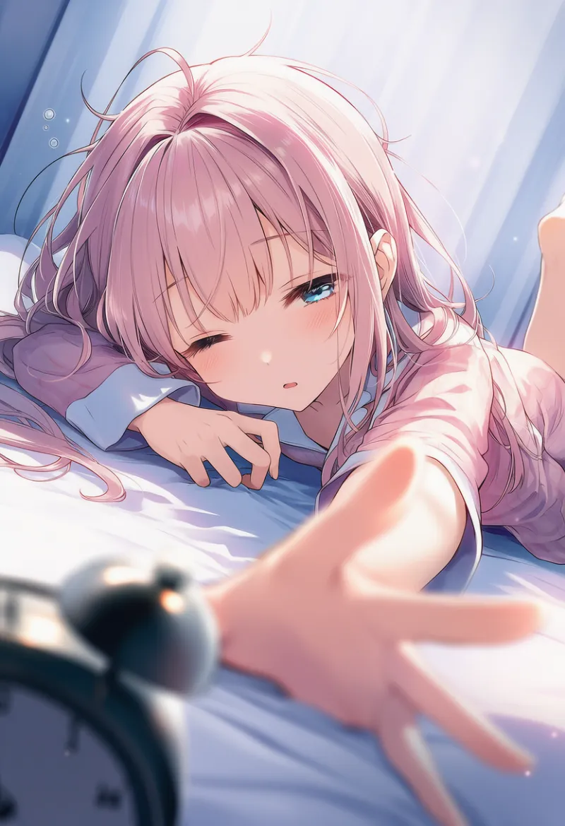 アラームに手を伸ばす動作のAIイラスト（朝の日常行動）｜プロンプト紹介用