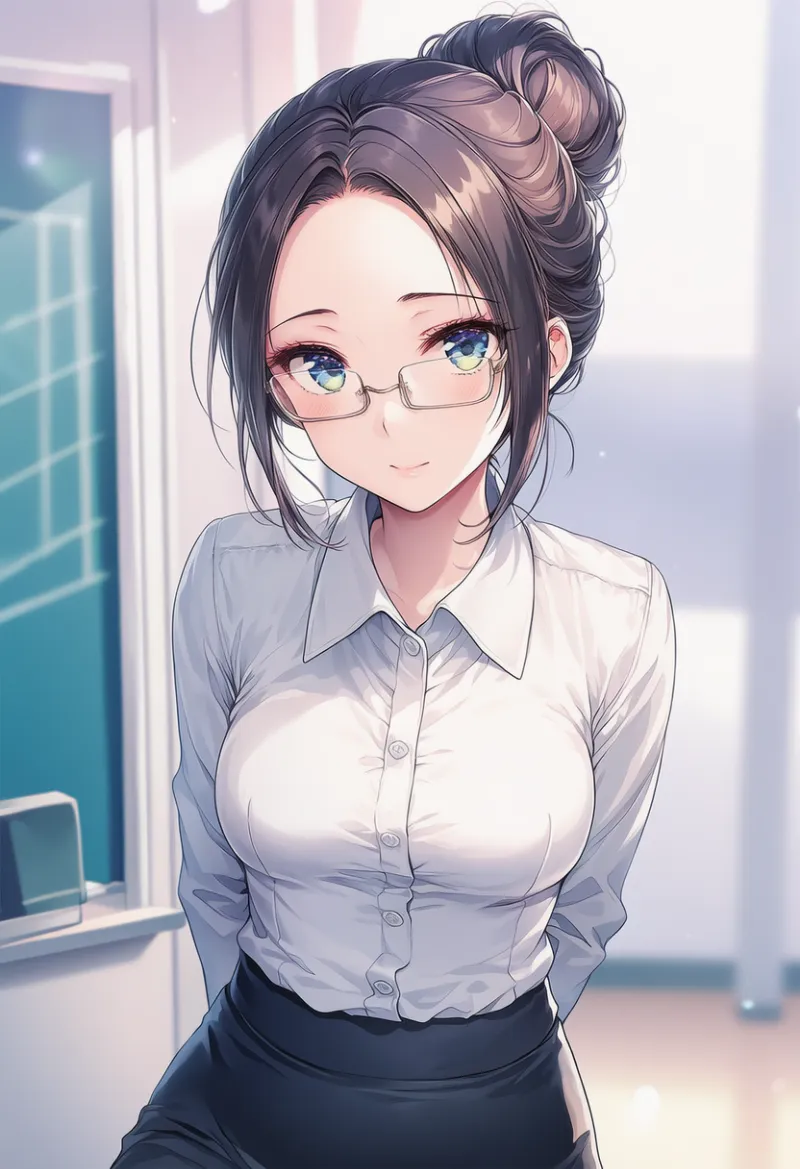 長方形フレームの眼鏡を着用した女教師のAIイラスト｜プロンプト紹介
