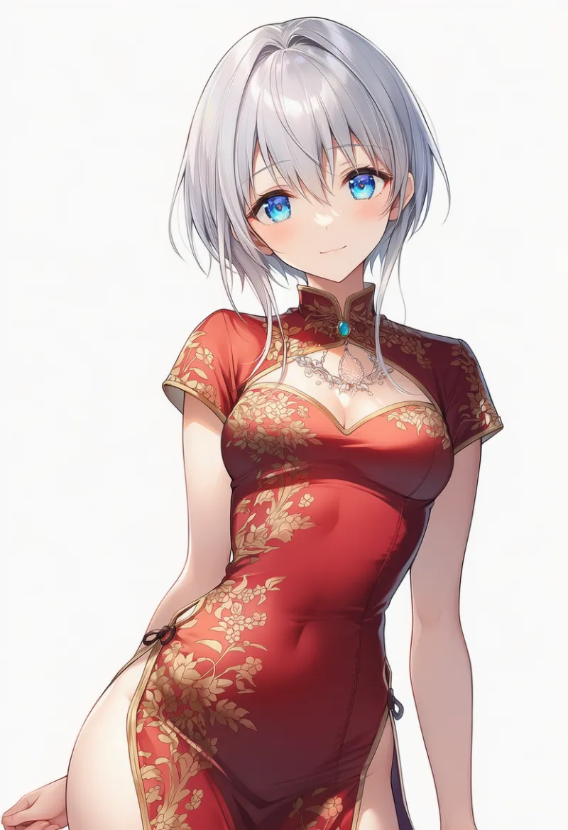 レッド × ゴールド（チャイナドレス）の2色配色の服のAIイラスト｜プロンプト紹介用