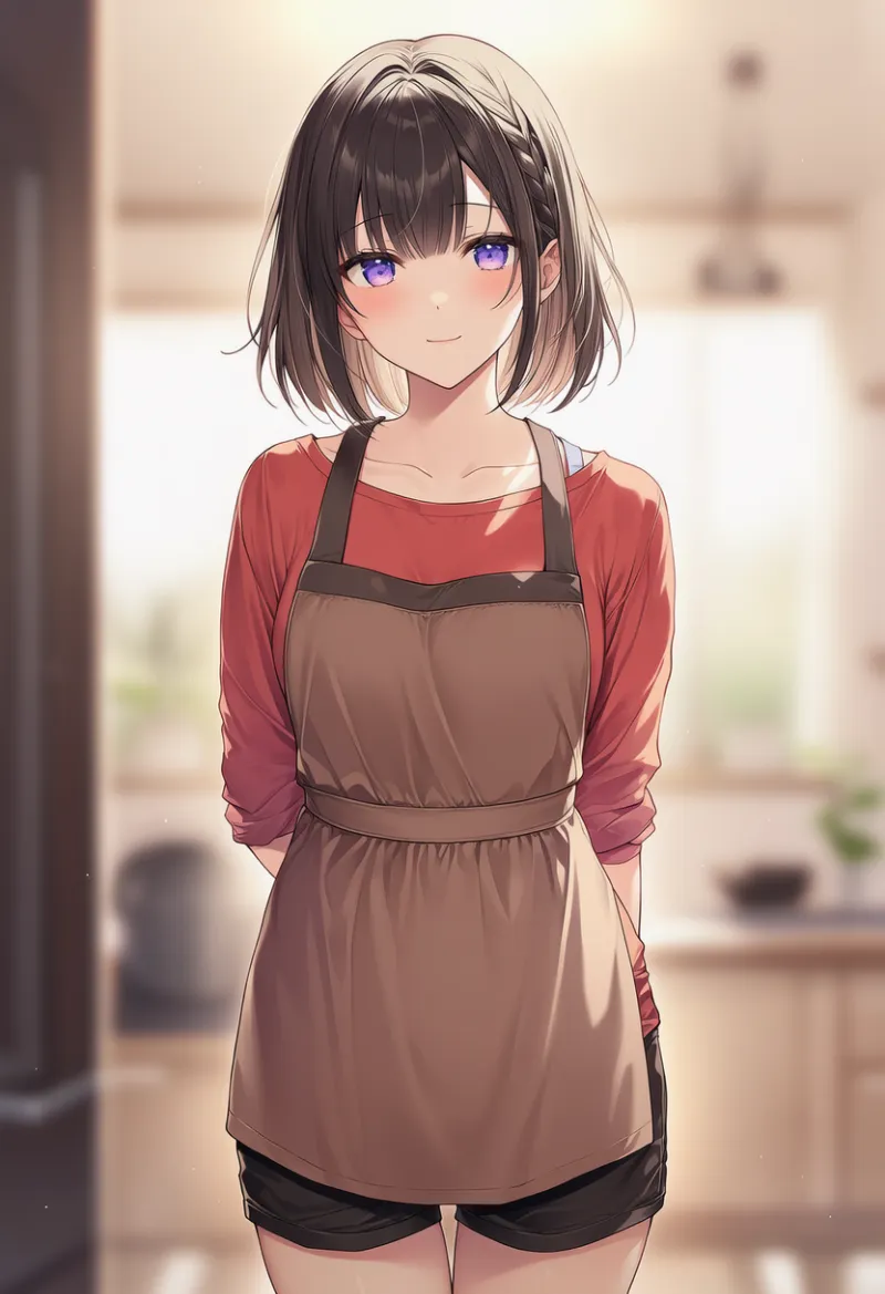 赤いシャツ＋黒ショーツ＋茶色エプロンの主婦コーデのAIイラスト