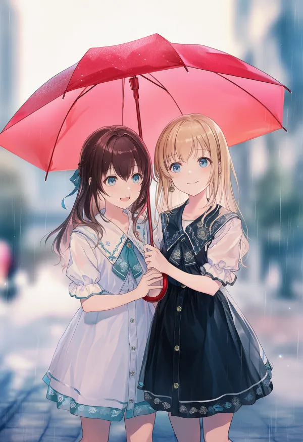 赤い傘のAIイラスト（梅雨シーズン）｜プロンプト紹介用