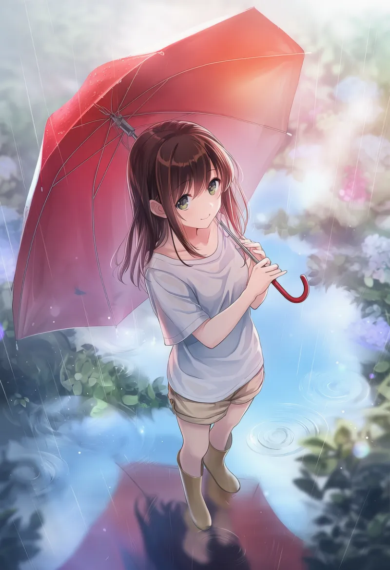 反射する水面のAIイラスト（梅雨シーズン）｜プロンプト紹介用