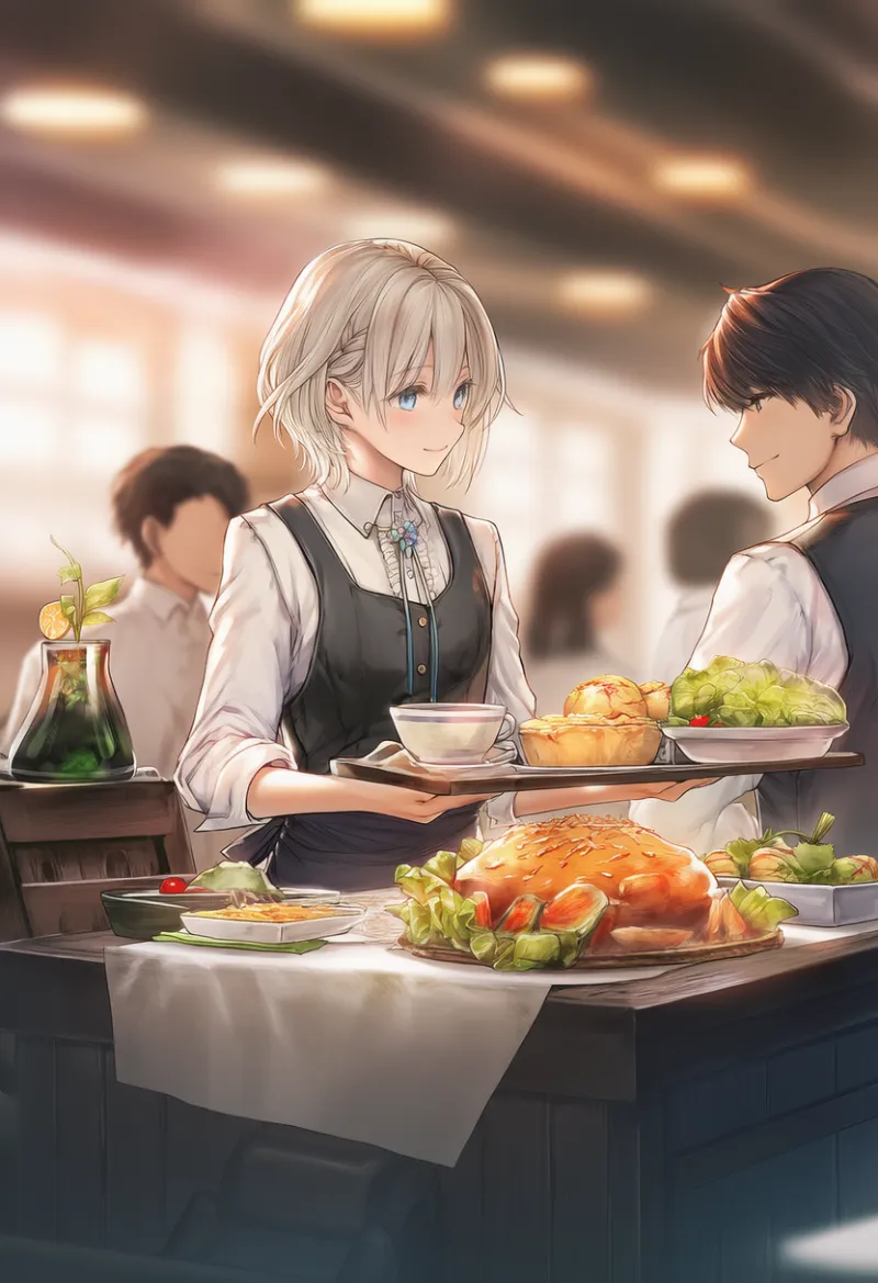 レストランのAIイラスト（給仕中の店内の様子）｜プロンプト紹介用