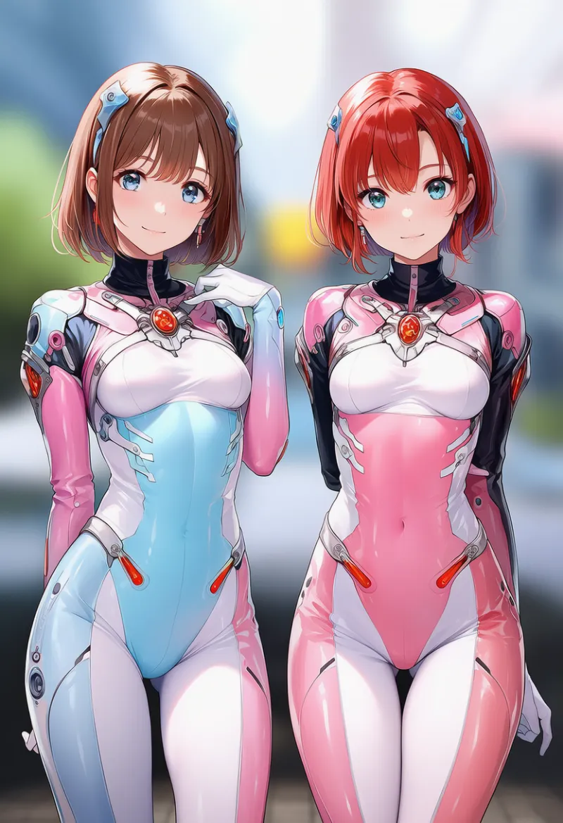 色違いのサイバーファッションを着た2人のAIイラスト