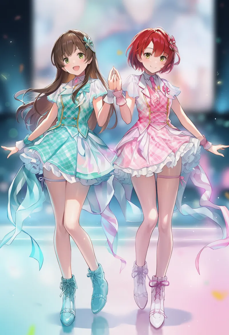 色違いのアイドル衣装を着た2人のAIイラスト