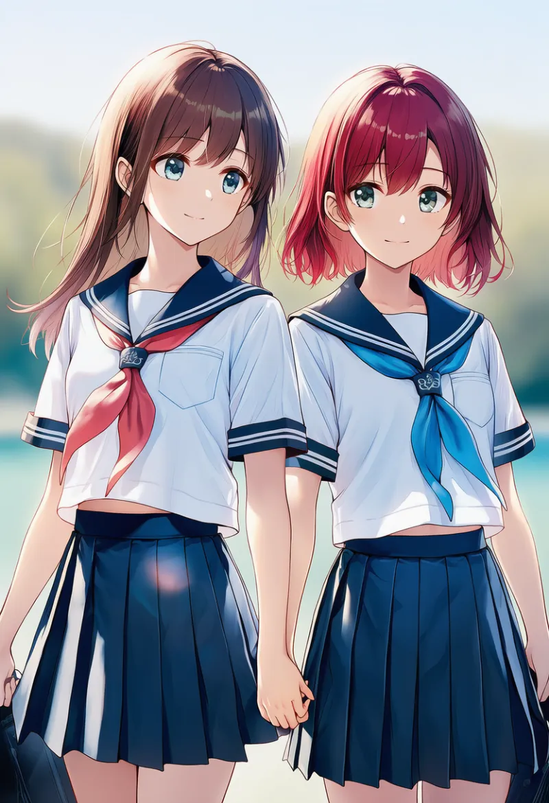 色違いのセーラー服を着た2人のAIイラスト