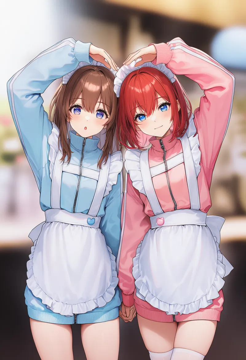 色違い(青とピンク)の天使界隈ファッションを着た美少女のAIイラスト作例|プロンプト紹介:reverse palettes