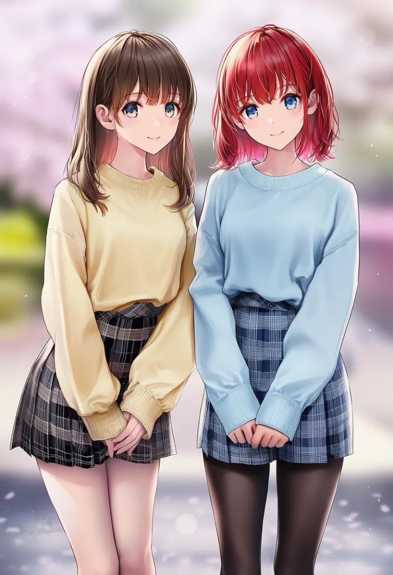 色違いのセーター・チェック柄のスカートを着た2人の美少女のAIイラスト