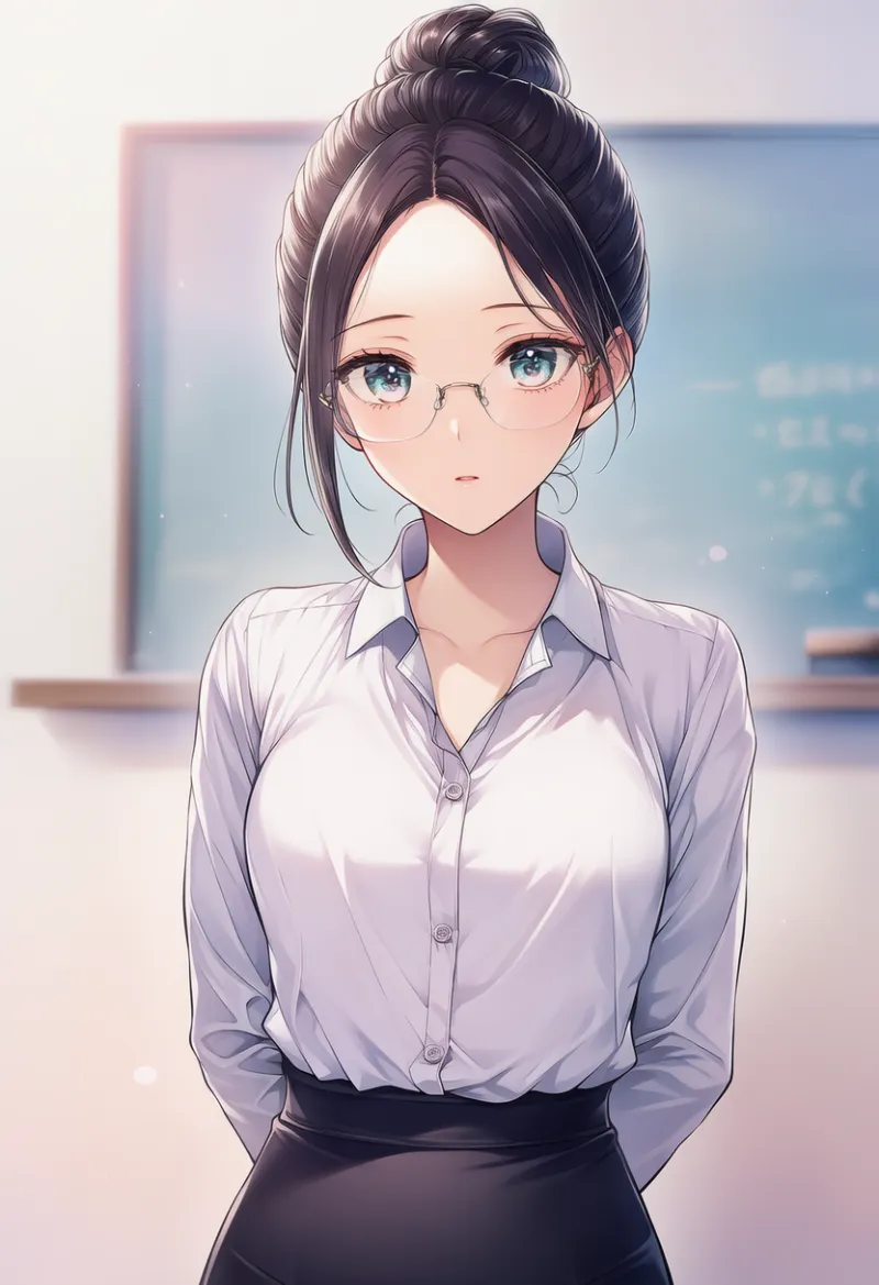 縁なし眼鏡を着用した女教師のAIイラスト｜プロンプト紹介