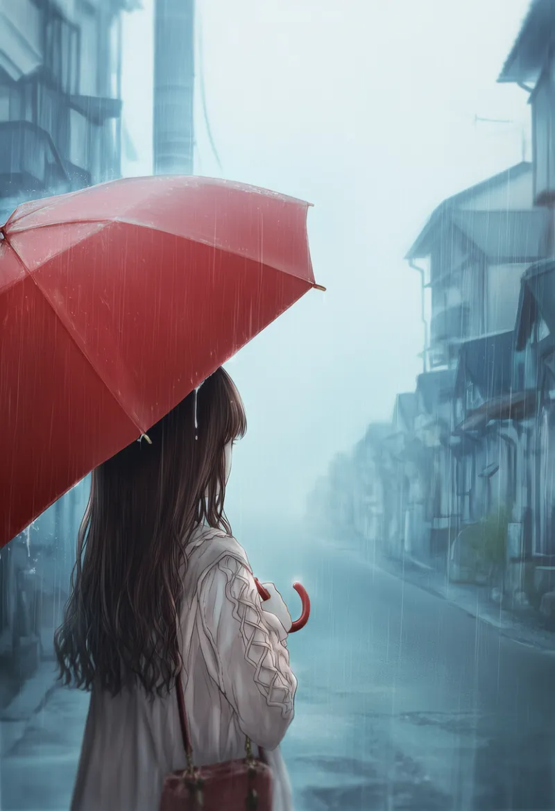 家並みと消失点のある背景のAIイラスト（梅雨シーズン）｜プロンプト紹介用