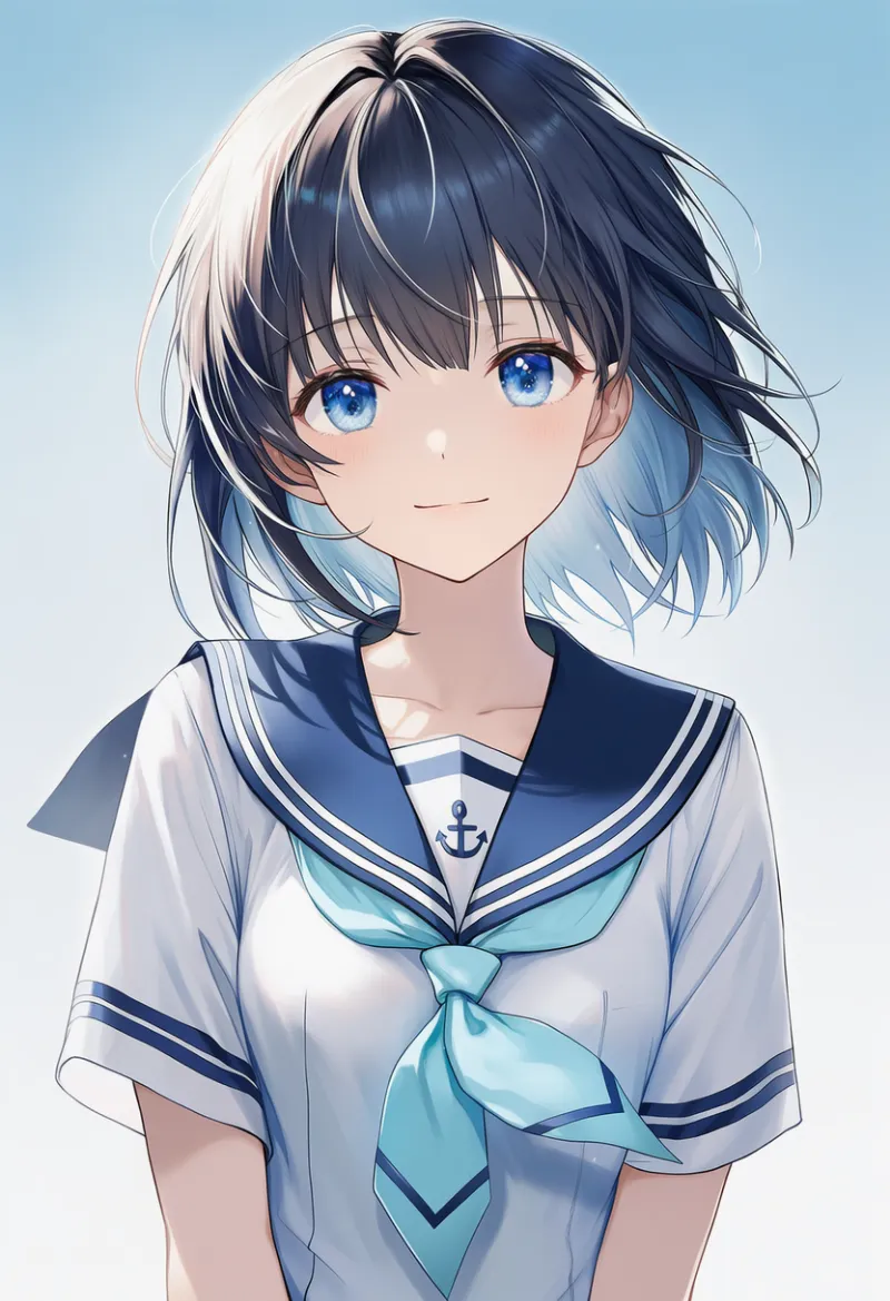 明るい青を差し色にした配色（水兵服の配色パターン）のAIイラスト｜プロンプト紹介