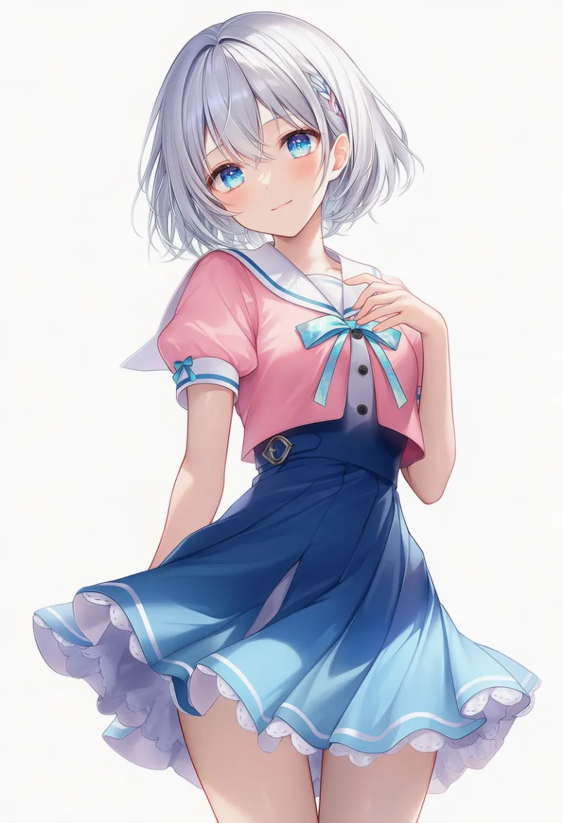 サックスブルー × ピンク（ゆめかわいいファッション）の2色配色の服のAIイラスト｜プロンプト紹介用