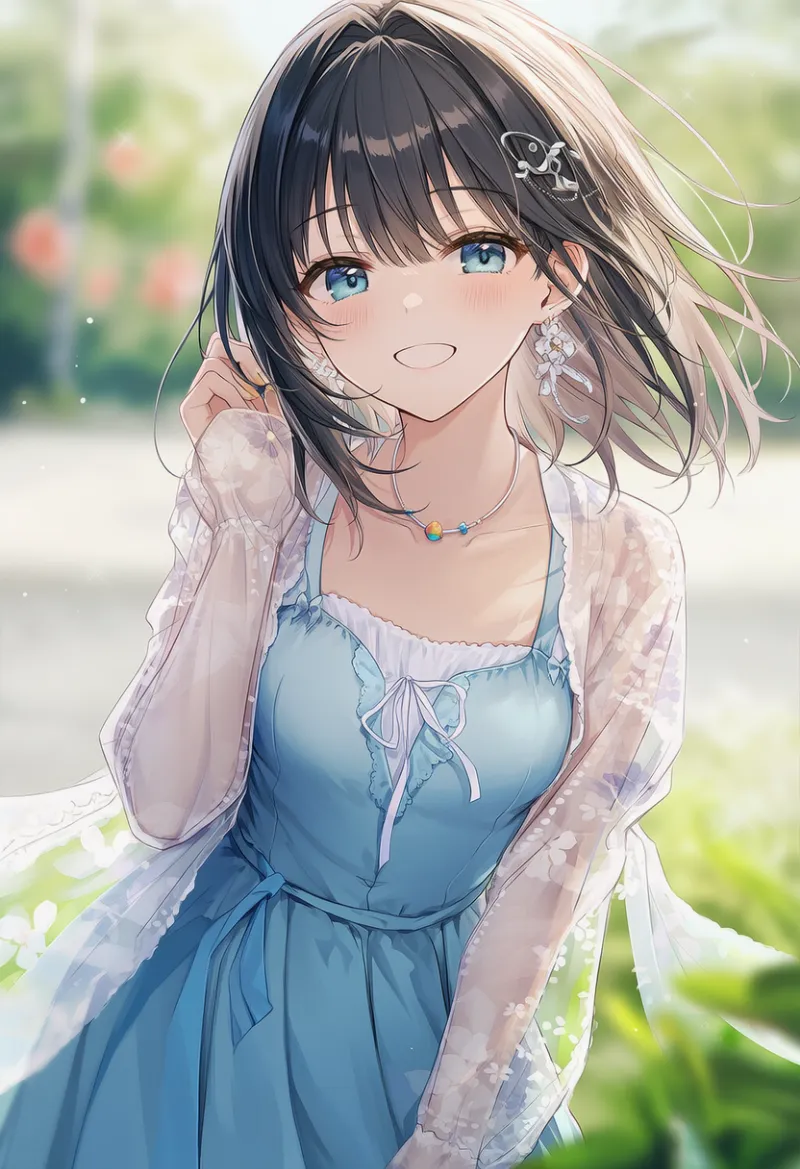 透け素材の袖（重ね付け）を組み合わせた夏の服装のAIイラスト｜プロンプト紹介用