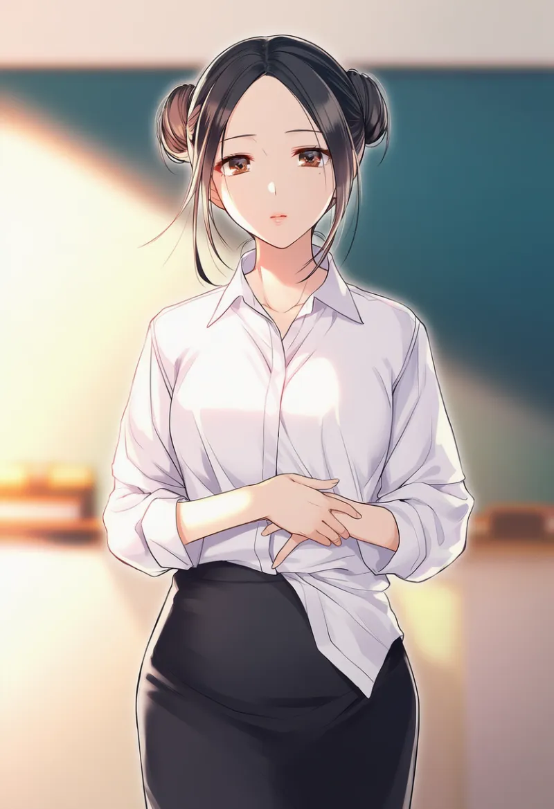 シャツが部分的にタックインしている女教師のAIイラスト｜プロンプト紹介用