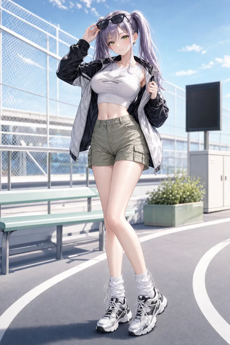 AIイラスト版｜セージカーキのカーゴショートパンツに白のクロップドリブTシャツを合わせたテックストリートコーデ