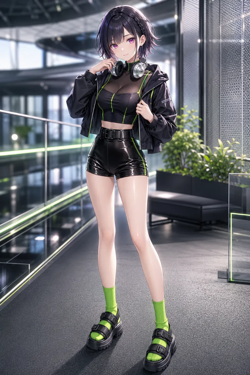 AIイラスト版｜黒のホットパンツにネオングリーンライン入りのシアーハイネックトップスを合わせたサイバーテックコーデ
