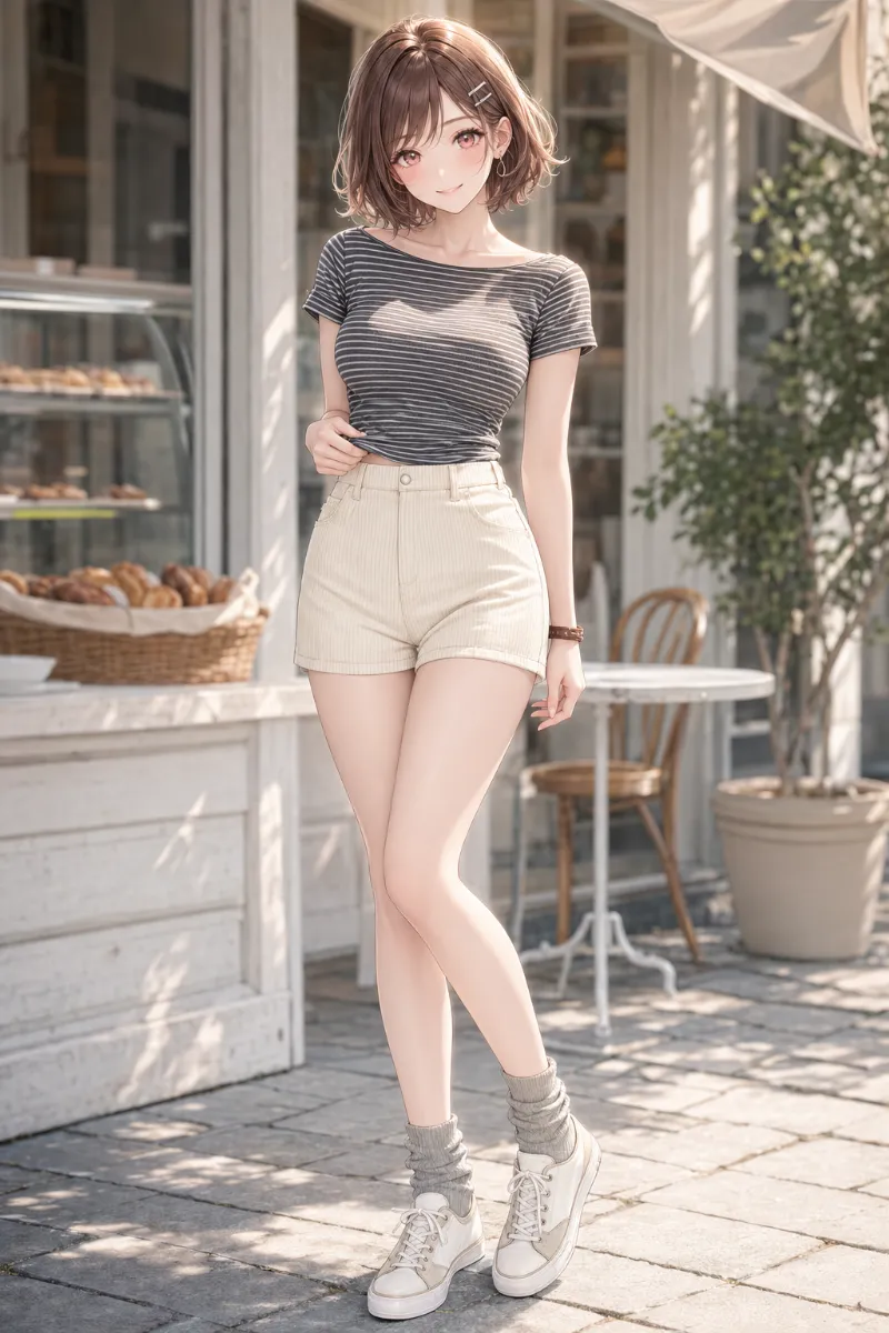 AIイラスト版｜アイボリーのコーデュロイショートパンツにボーダーTシャツを合わせたおうちデート風コーデ