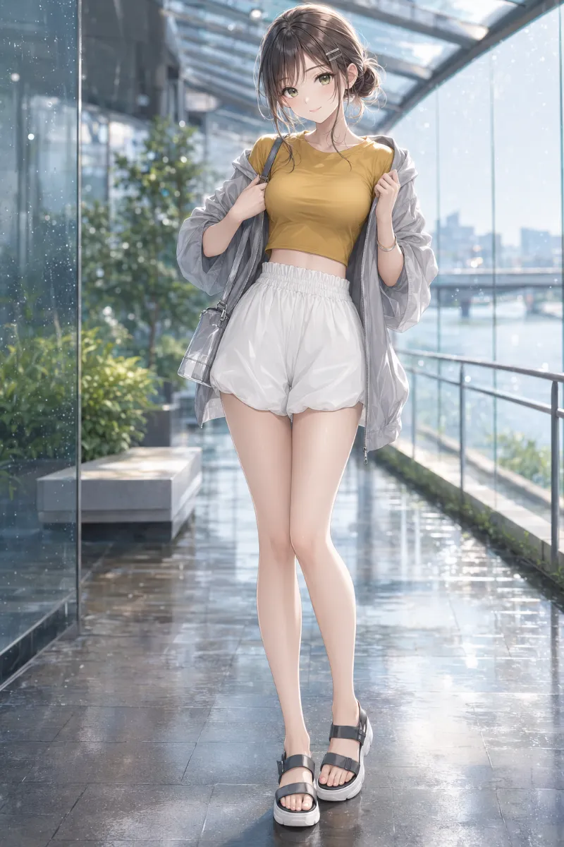 AIイラスト版｜白のバルーンショートパンツにマスタードイエローの半袖Tシャツを合わせたシティカジュアルコーデ
