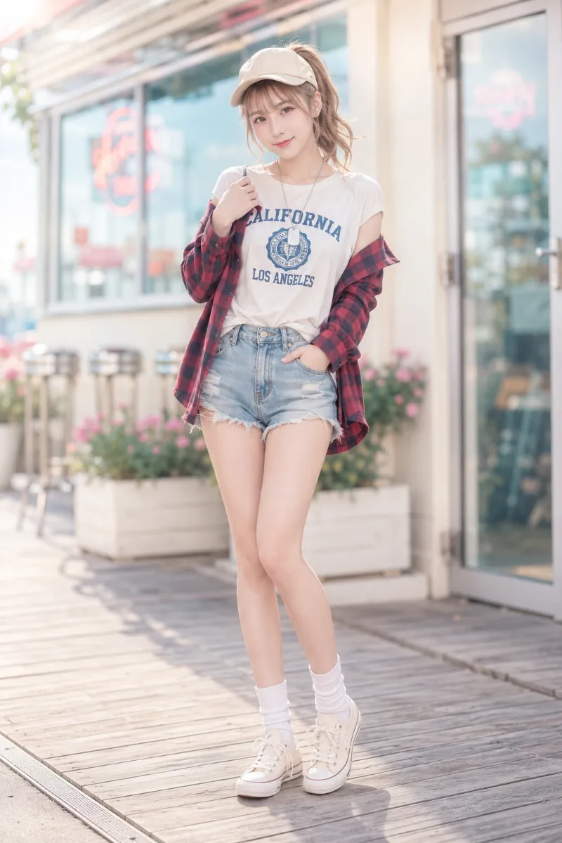 実写AI美女版｜ライトインディゴのデニムホットパンツにロゴTシャツとチェックシャツを合わせたアメカジコーデ