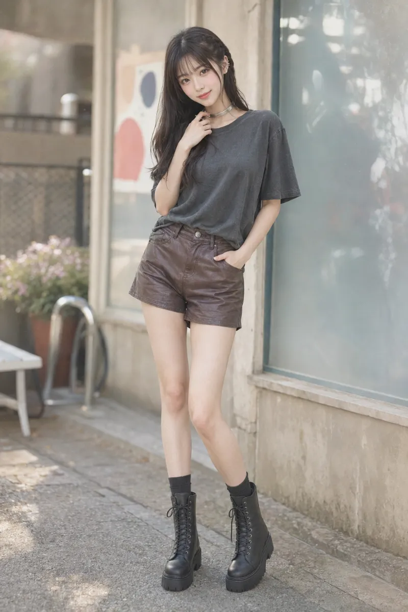 実写AI美女版｜ダークブラウンのフェイクレザーショートパンツにチャコールグレーの五分袖Tシャツを合わせたストリートモードコーデ