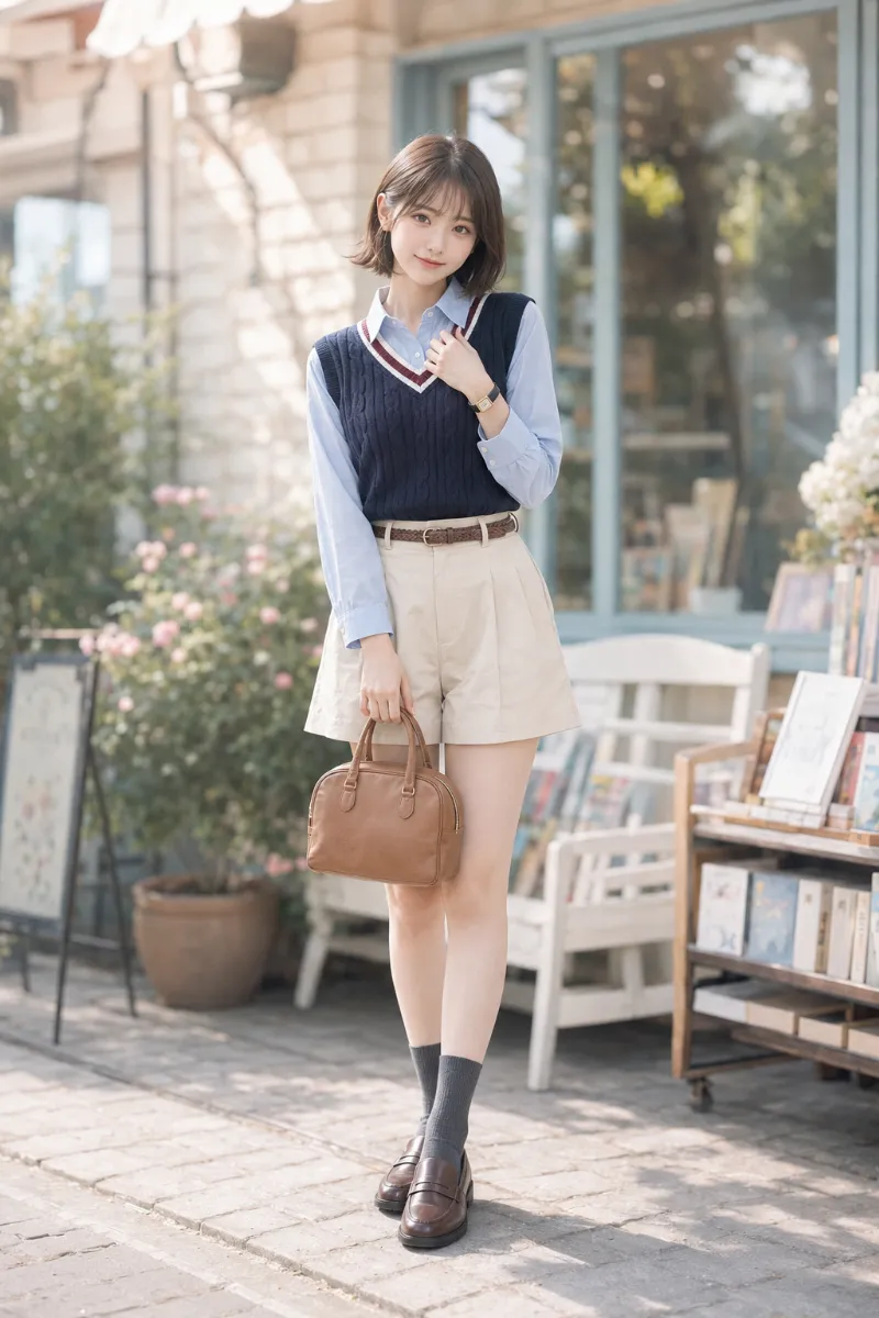 実写AI美女版｜ベージュのタック入りショートパンツにサックスブルーのシャツを合わせたトラッドコーデ