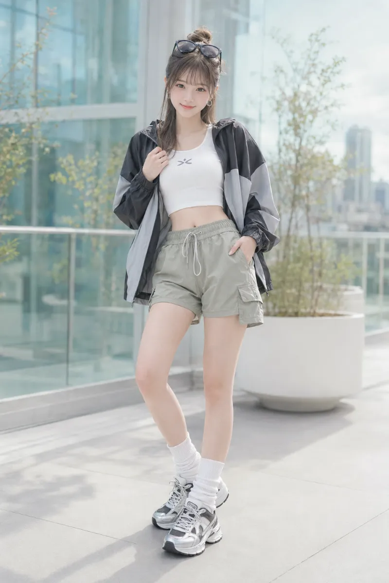 実写AI美女版｜セージカーキのカーゴショートパンツに白のクロップドリブTシャツを合わせたテックストリートコーデ