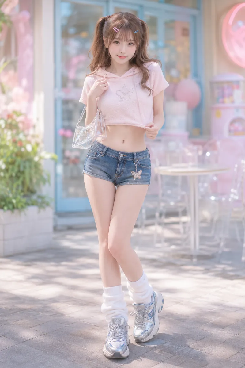 実写AI美女版｜インディゴブルーのデニムホットパンツにベビーピンクのクロップドパーカーを合わせたY2Kコーデ