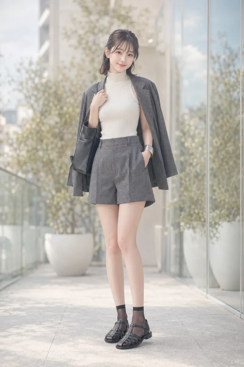 実写AI美女版｜チャコールグレーのセンタープレスショートパンツに白のタートルネックリブニットを合わせたマニッシュコーデ