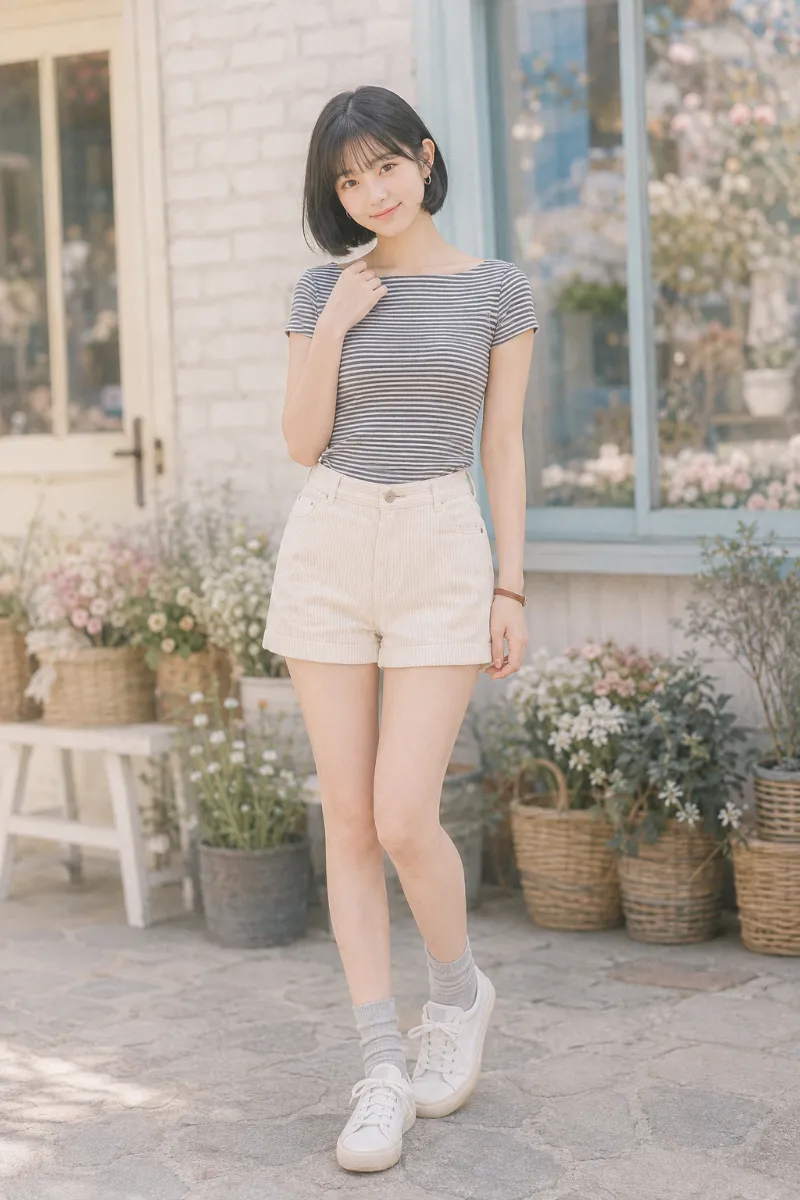 実写AI美女版｜アイボリーのコーデュロイショートパンツにボーダーTシャツを合わせたおうちデート風コーデ