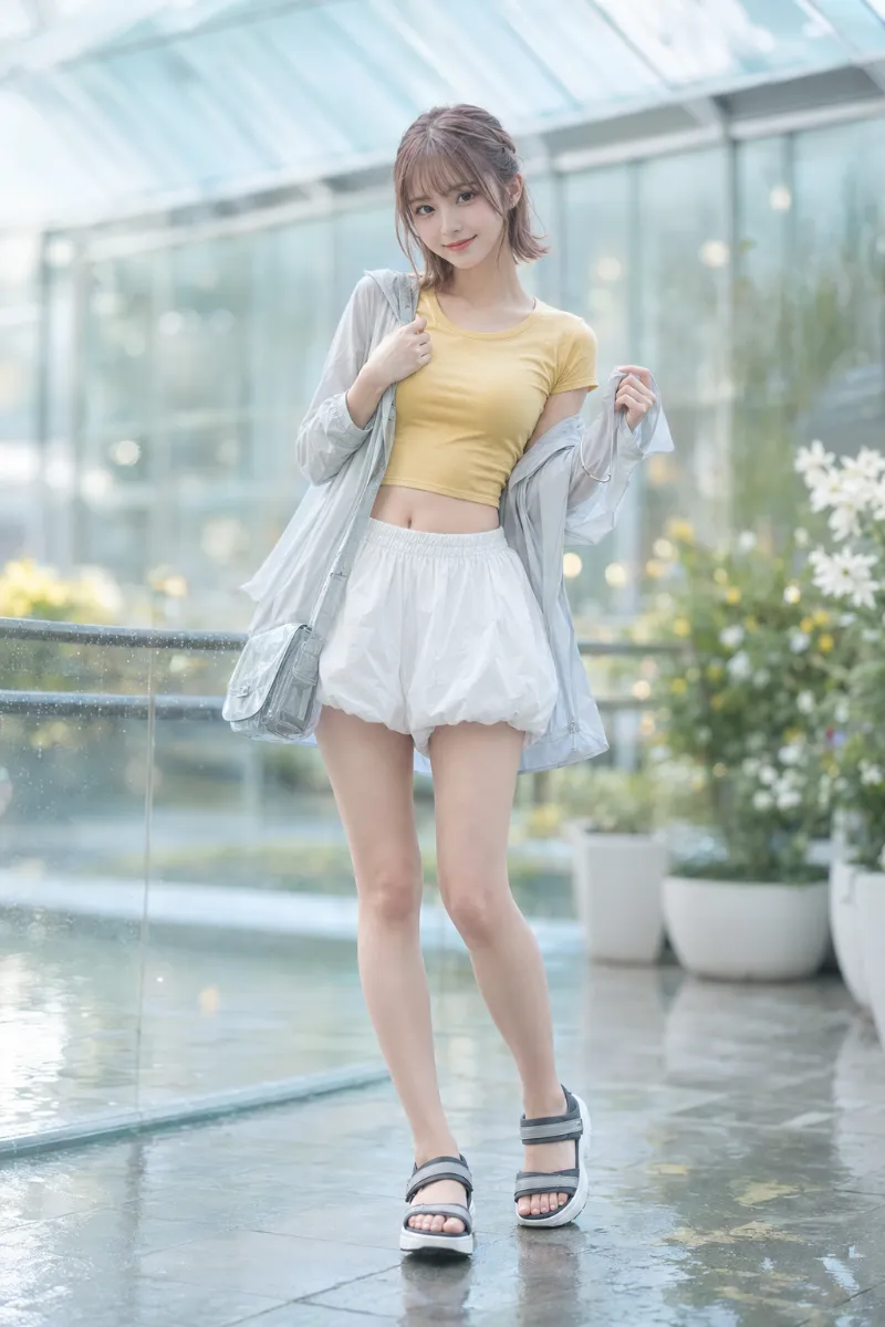 実写AI美女版｜白のバルーンショートパンツにマスタードイエローの半袖Tシャツを合わせたシティカジュアルコーデ