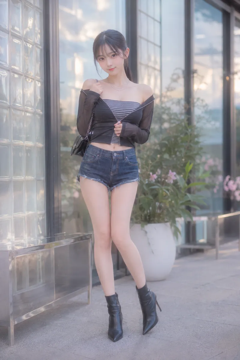 実写AI美女版｜ダークインディゴのデニムホットパンツにボーダー柄ベアトップを合わせた辛口シアーナイトコーデ