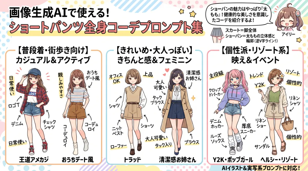 【GPT Image 2】ショートパンツの全身コーデプロンプト集のまとめ用の図解イラスト（グラレコ）