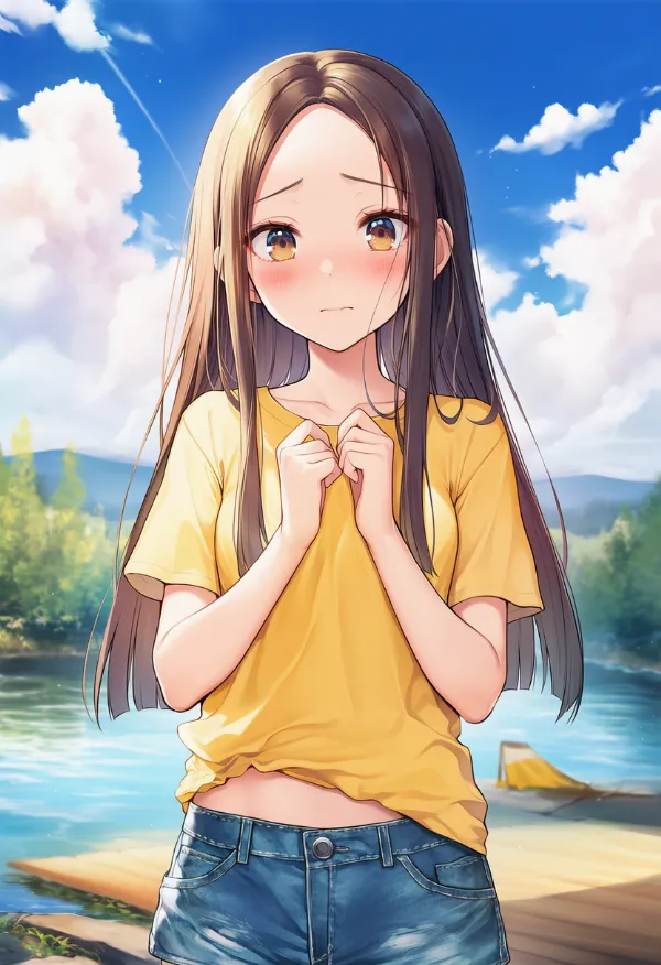 内気な性格を表すように体を隠すポーズをする仕草を再現したAIイラスト｜プロンプト紹介用