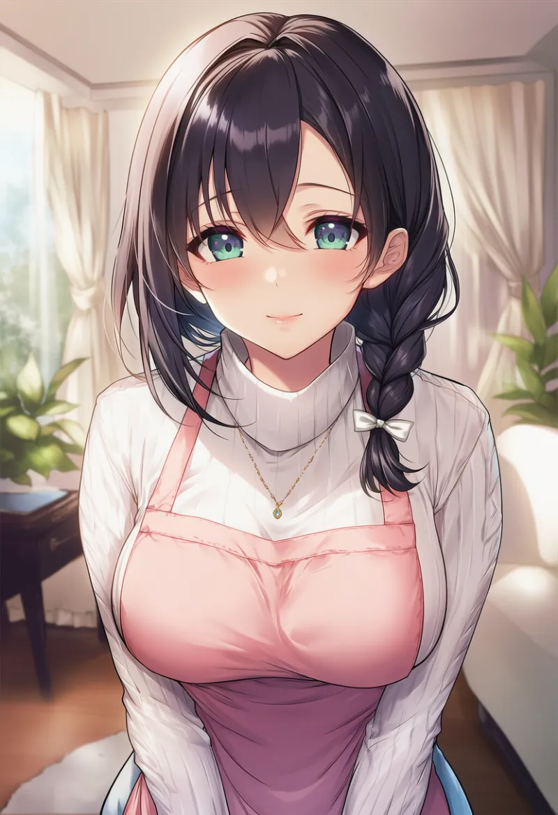 片側だけ三つ編みの髪型の主婦のAIイラスト