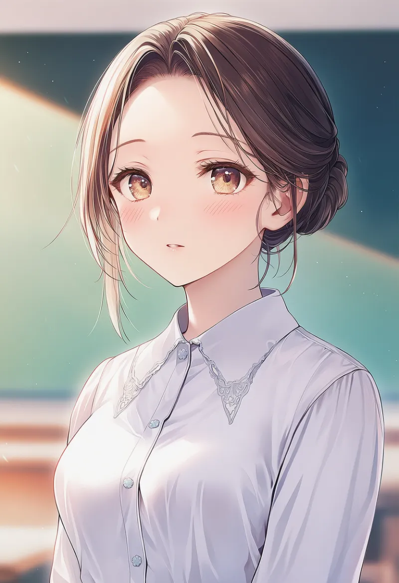お団子ヘアの女教師のAIイラスト｜プロンプト紹介用