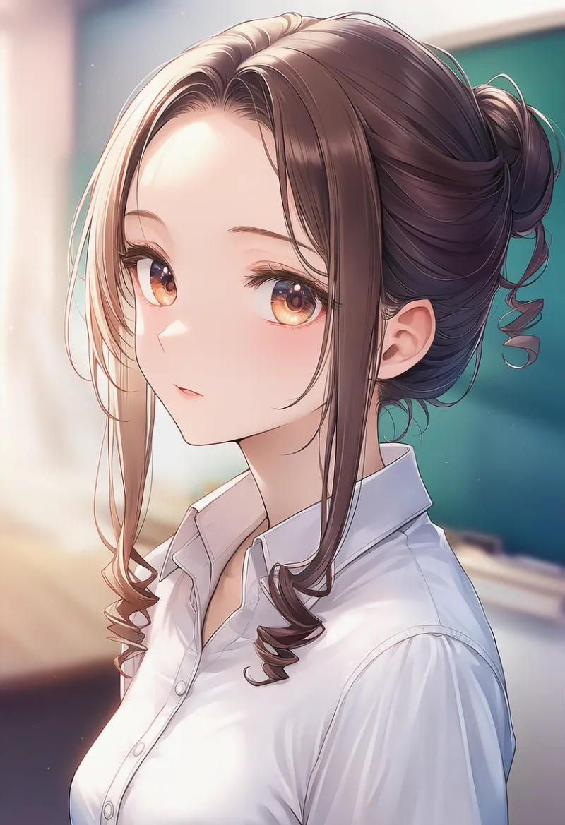 お団子とウェーブのかかった横髪の女教師のAIイラスト｜プロンプト紹介用