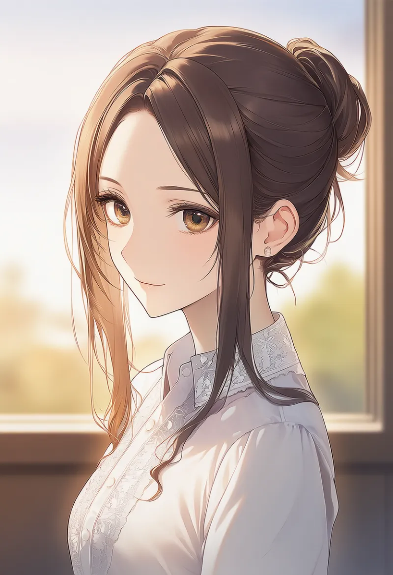 お団子と長い横髪の女教師のAIイラスト｜プロンプト紹介用