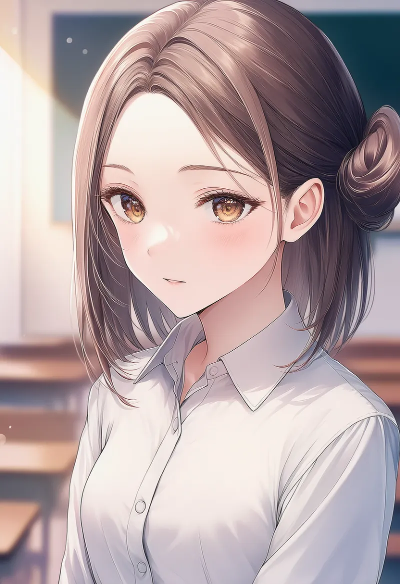 横に寄せたお団子ヘアの女教師のAIイラスト｜プロンプト紹介用