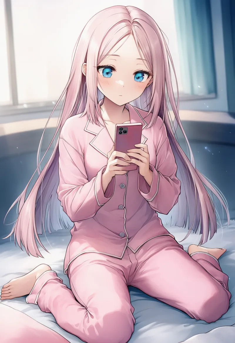 スマホをチェックする仕草のAIイラスト（朝の日常行動）｜プロンプト紹介用