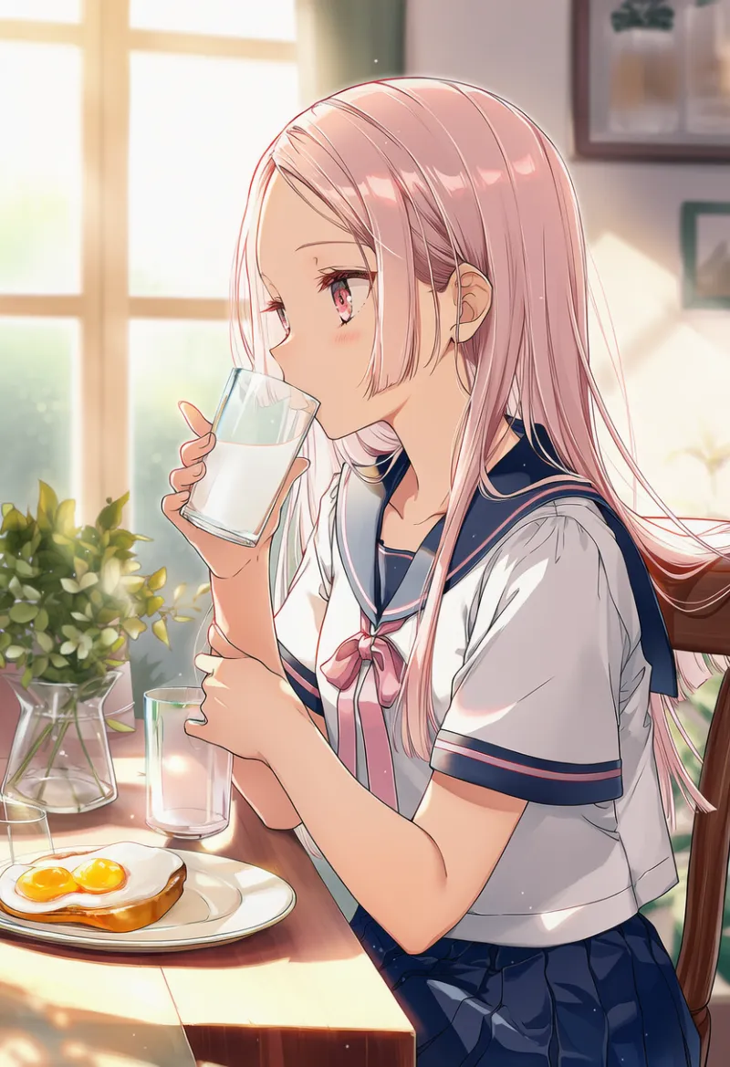 ミルクを飲む動作のAIイラスト（朝の日常行動）｜プロンプト紹介用