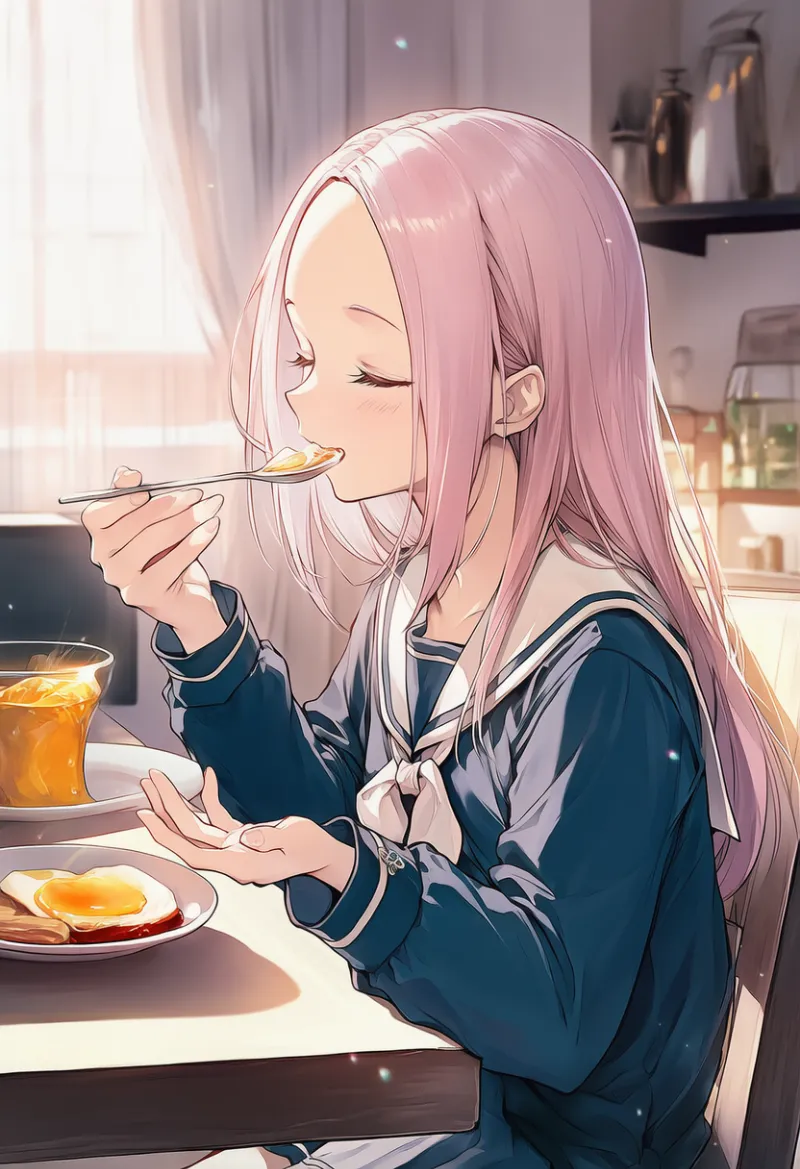 朝食を食べる動作のAIイラスト（朝の日常行動）｜プロンプト紹介用